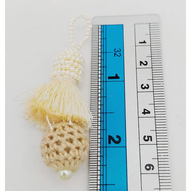 Beige Crochet Ball Tassels With White Pearls Beads, Tassel Charms, Nylon Tassels x 2